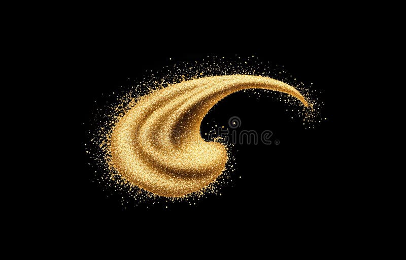 A trail of stars or a splash of spray, glowing with golden magic dust and sparkles on a black background. Golden glitter vector illustration