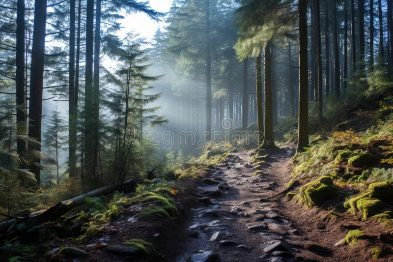 A trail in the woods with sunbeams shining through the trees stock illustration