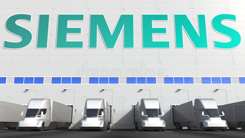 Electric semi-trailer trucks at warehouse loading bay with SIEMENS logo on the wall. Editorial 3D rendering