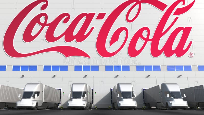 Electric semi-trailer trucks at warehouse loading bay with COCA-COLA logo on the wall. Editorial 3D rendering