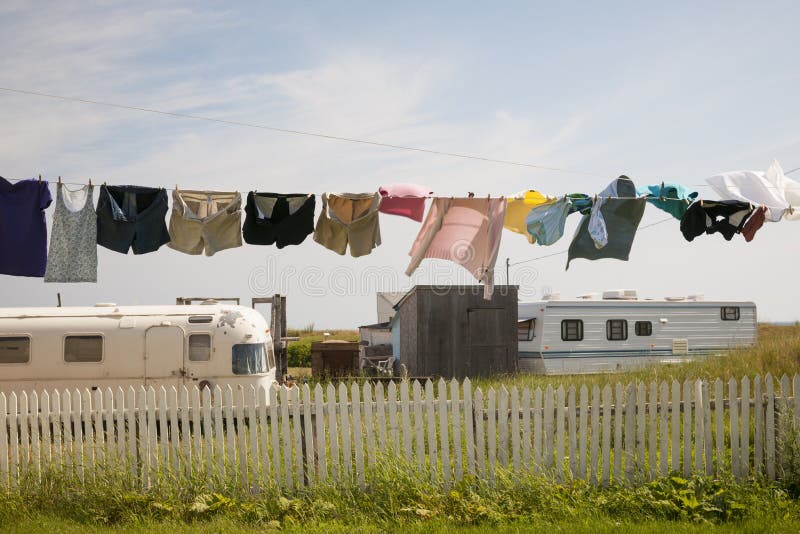 Trailer homes and laundry drying on line in North Rustico, Prince Edward Island, Canada. Trailer homes and laundry drying on line in North Rustico, Prince Edward Island, Canada.