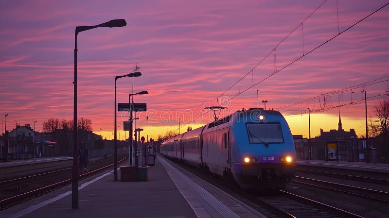 Train arriving at sunset with vibrant colors stock illustration