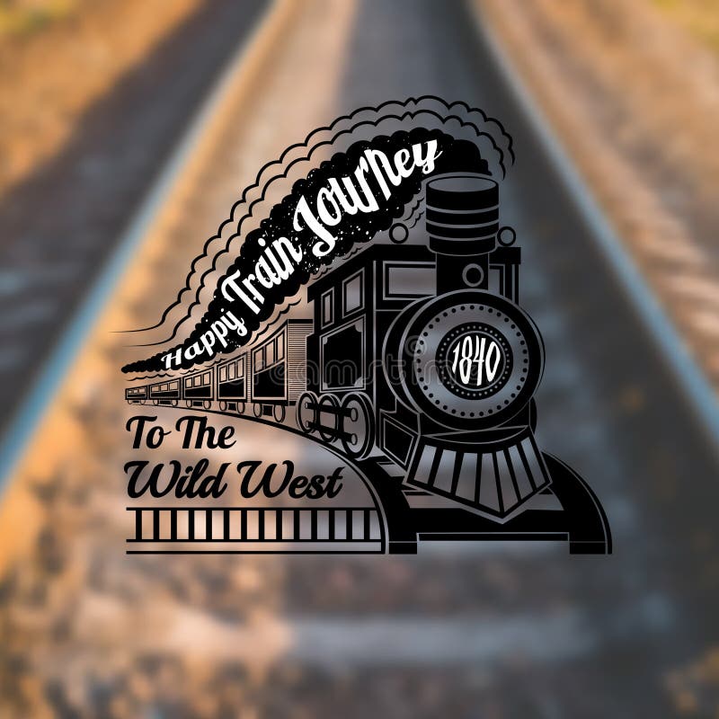 Train background with old locomotive with wagons and text happy train journey in smoke label on rails blur photo