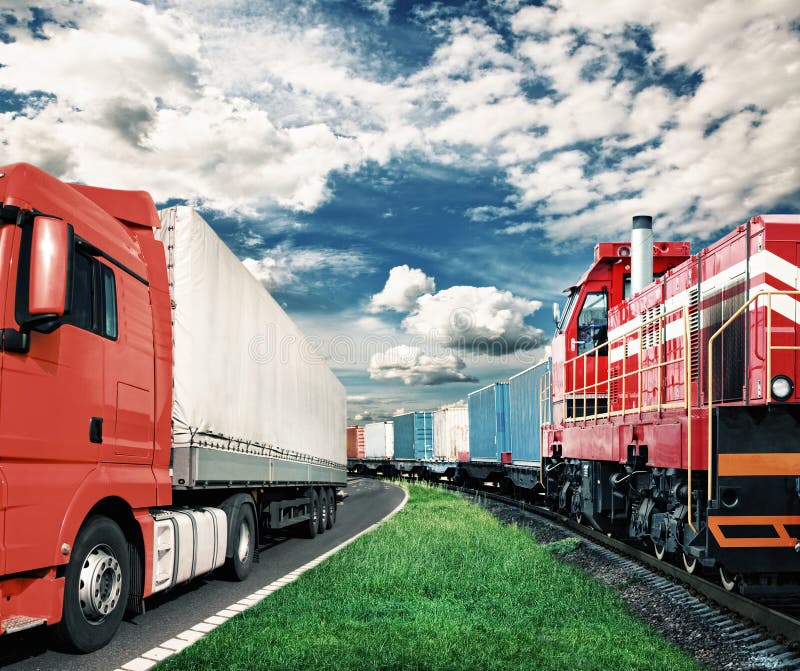 Freight train and truck as transportation concept. Freight train and truck as transportation concept