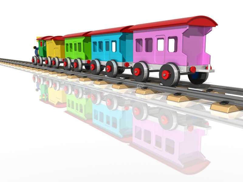 Toy train with multicolored carriages on a white background. 3d render. Toy train with multicolored carriages on a white background. 3d render