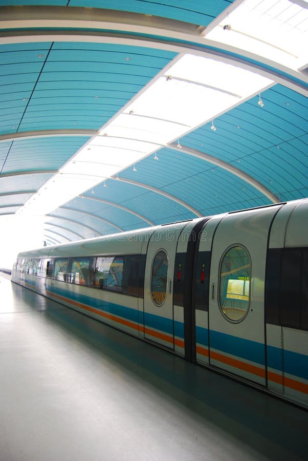 The newest maglev train in China. Waiting in the station for passengers to board. The newest maglev train in China. Waiting in the station for passengers to board.