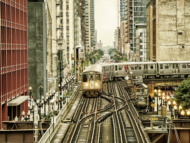 Train on Elevated Tracks within Buildings at the Loop, Chicago City ...