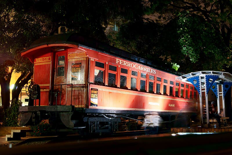 The ferrocarril (train), illuminated at night at Malecón 2000 in Guayaquil, Ecuador. Metal n stock images, royalty-free photos and pictures
