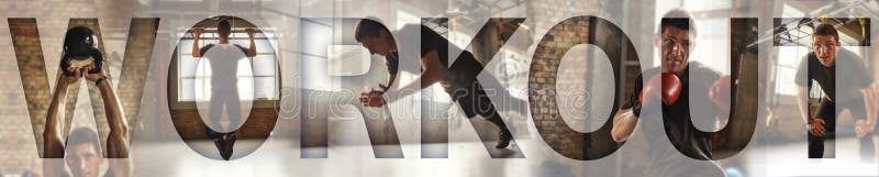 Train hard. Strong athletic man working out at gym with an overlay of the word WORKOUT. Panoramic banner header. Healthy