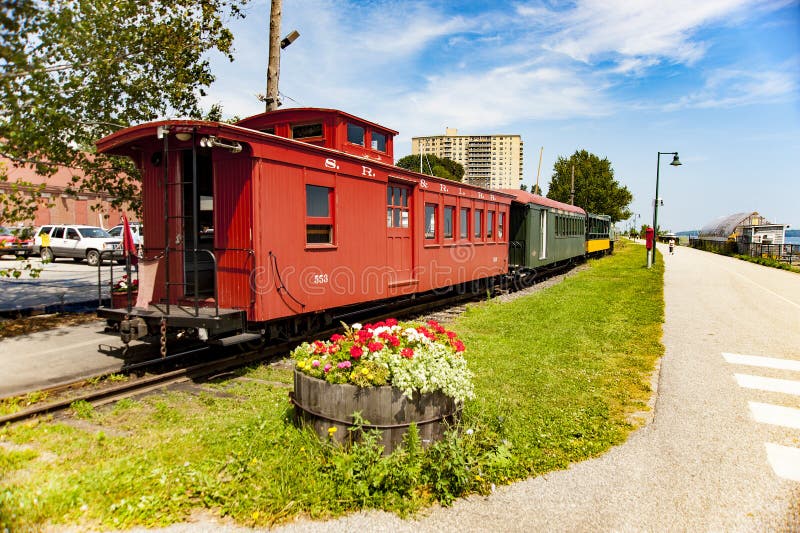 Train museum display along bike trail in Portland, Maine