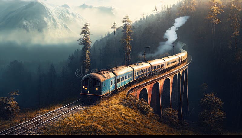 Train is Running Over the Mountains at Beautiful Hills Image Generative ...