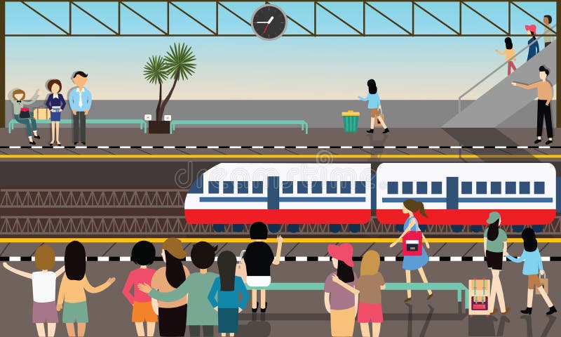 Train station busy illustration vector flat city transportation cartoon activities