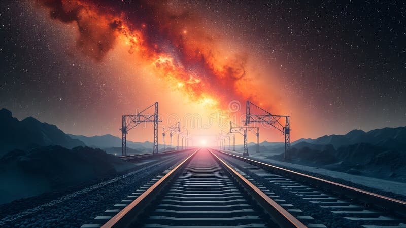 A train track with a bright orange line of light in the middle royalty free illustration