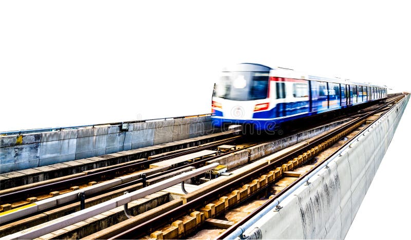 train traveling at high speed on rail isolated on white background