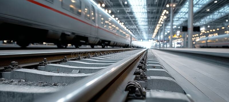 Train Wheels in Motion Depth and Speed Captured with Transport Traveling Through a Quiet Station stock illustration