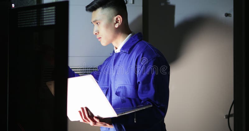 Trainee Technician in the Server Room stock footage