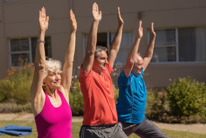 Trainer Training Senior People in Performing Exercise Stock Photo Image of hand, grass 139253306