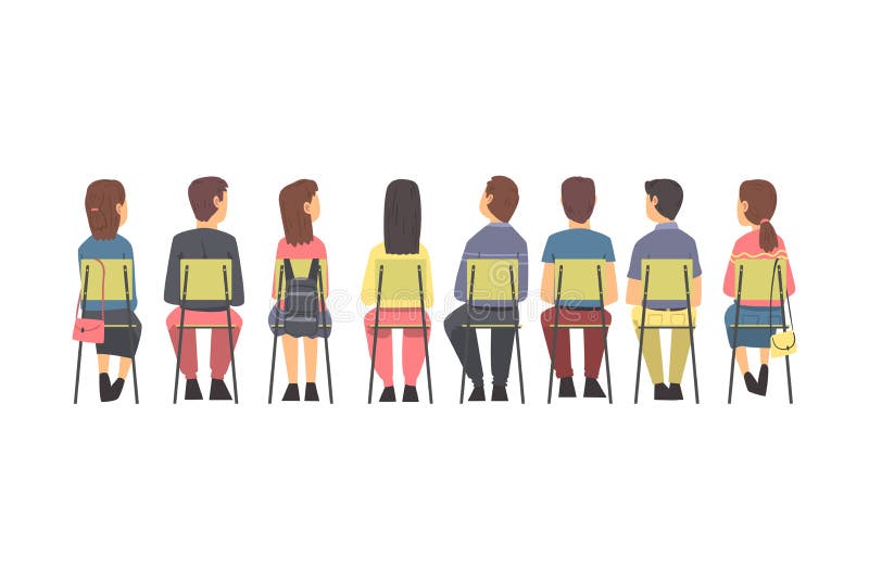 Training with People Characters Sitting in Row on Chairs Listening Back View Vector Illustration