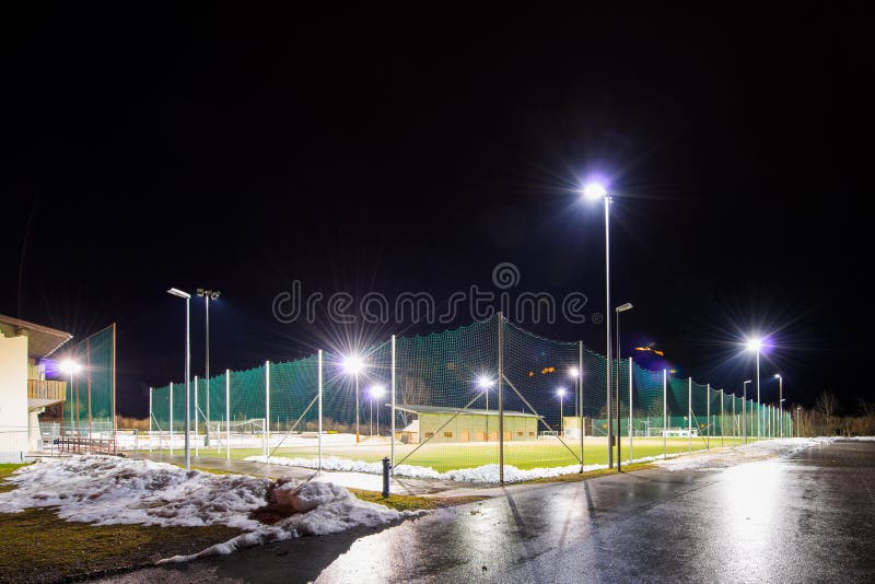 Training Soccer Field with Flood Light at Night Stock Image Image of