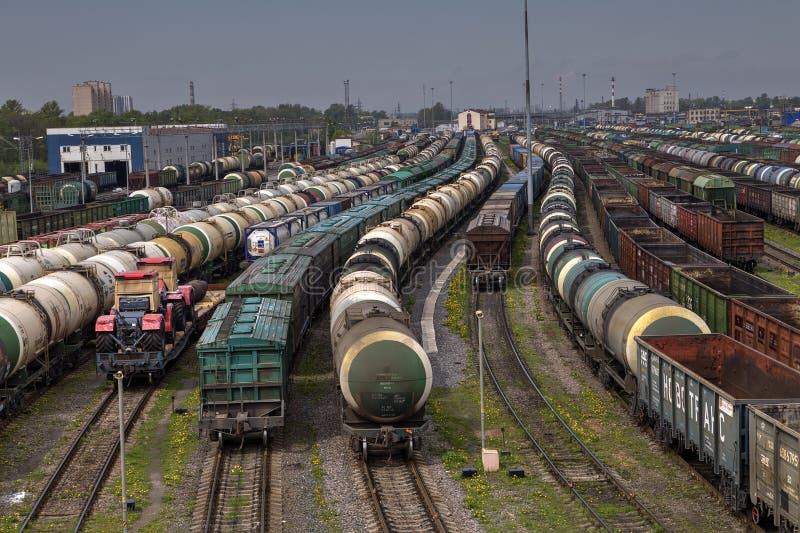 Trains of freight wagons in marshalling yard, Russia.