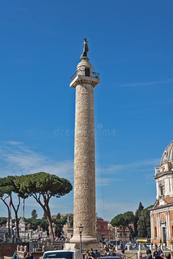 Trajan`s Column Italian: Colonna Traiana - Roman triumphal column in Rome, Italy, that commemorates Roman emperor Trajan`s stock images