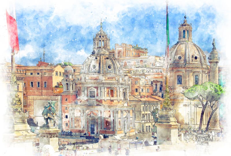 Trajan's Column och Santa Maria di Loreto, Rom, Italien vektor illustrationer