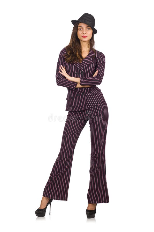 Traje rayado que lleva de la mujer aislado en blanco imagen de archivo libre de regalías Traje rayado que lleva de la mujer aislado en blanco imagen de archivo libre de regalías