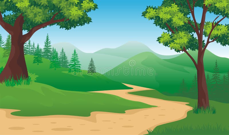 Trajeto da paisagem da natureza dos desenhos animados sobre as montanhas