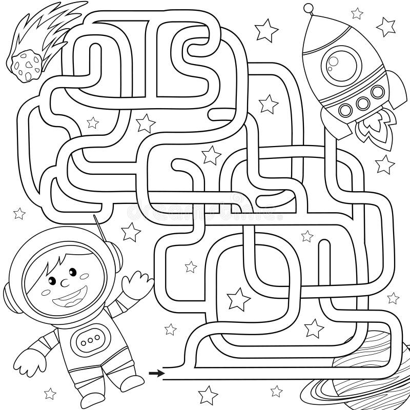 Help cosmonaut find path to rocket. Labyrinth. Maze game for kids. Black and white vector illustration for coloring book. Vector illustration. Help cosmonaut find path to rocket. Labyrinth. Maze game for kids. Black and white vector illustration for coloring book. Vector illustration