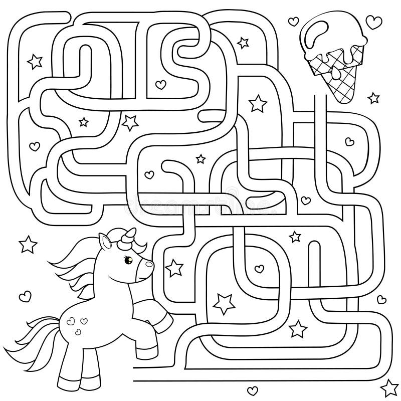 Trajeto do achado do unicórnio da ajuda ao gelado labirinto Jogo do labirinto para miúdos Ilustração preto e branco do vetor para