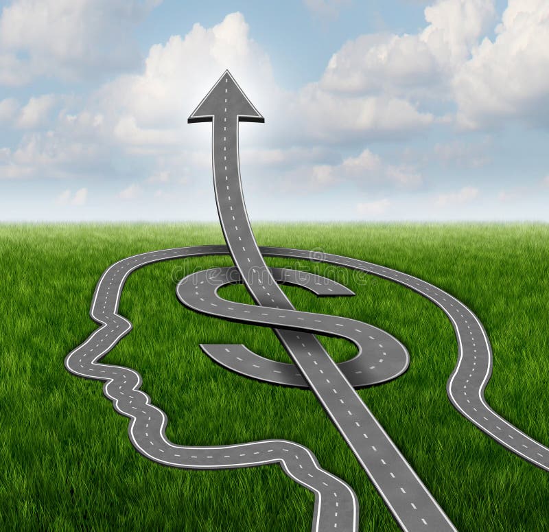 Financial growth path business concept with a group of roads or streets shaped as a human head and a dollar symbol with an arrow pointing up as a metaphor for investing strategy and planning success. Financial growth path business concept with a group of roads or streets shaped as a human head and a dollar symbol with an arrow pointing up as a metaphor for investing strategy and planning success.