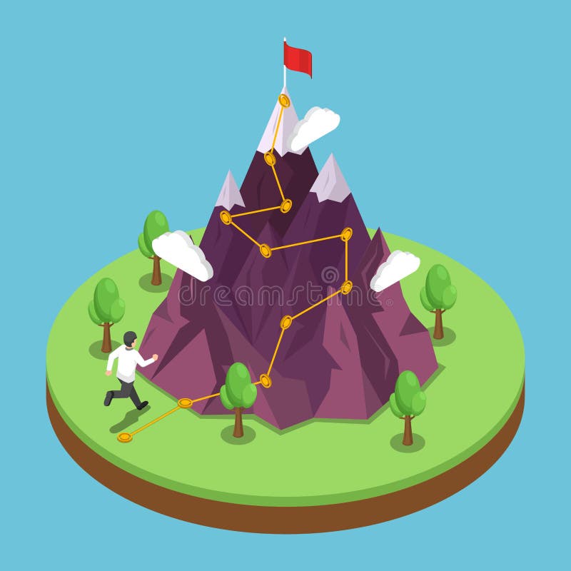 Trajeto isométrico da viagem do negócio ao alvo do sucesso na parte superior de ilustração stock Trajeto isométrico da viagem do negócio ao alvo do sucesso na parte superior de ilustração stock