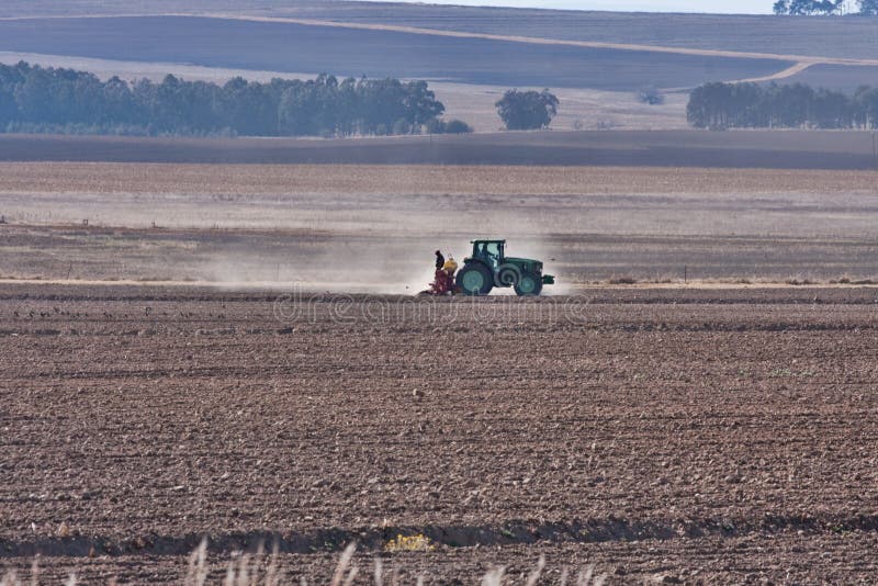 Single tractor working planting wheat on winter farm field with dust. Single tractor working planting wheat on winter farm field with dust