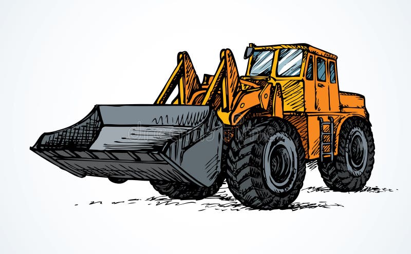 Traktor med hinken bakgrund som tecknar den blom- gräsvektorn stock illustrationer Traktor med hinken bakgrund som tecknar den blom- gräsvektorn stock illustrationer