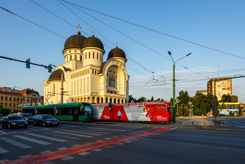Tram of Arad with the Holy Trinity Cathedral Editorial Photo Image of