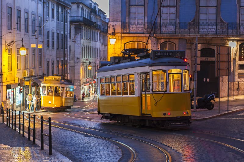 Tram car on street at evening in Lisbon, Portugal royalty free stock image Tram car on street at evening in Lisbon, Portugal royalty free stock image