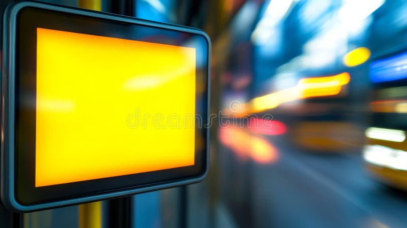 Tram's blank ad screen with a blurred city view showcases transit advertising stock photos