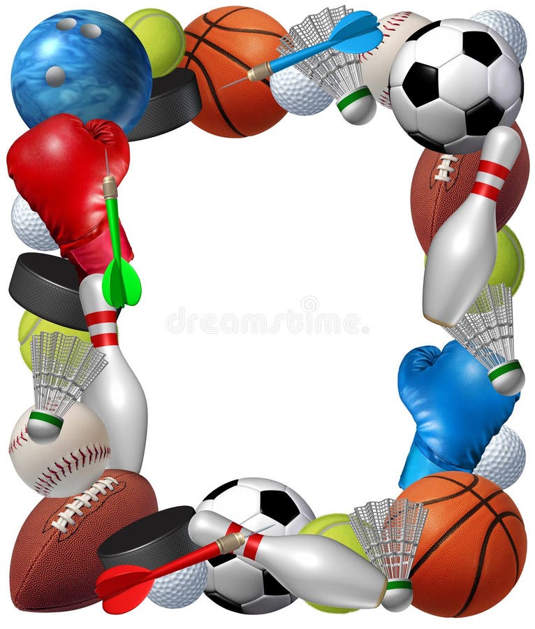 Sports frame with sport equipment from basketball boxing golf bowling tennis badminton football soccer darts ice hockey and baseball as a fitness and health border isolated on a white background. Sports frame with sport equipment from basketball boxing golf bowling tennis badminton football soccer darts ice hockey and baseball as a fitness and health border isolated on a white background.