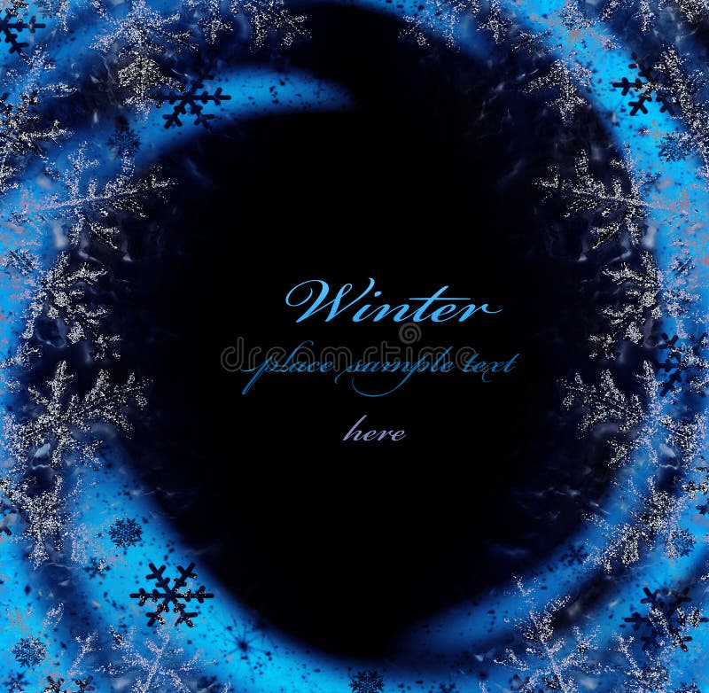 Dark blue winter decorative frame, snowflakes with glowing lights, beautiful cold snow on black background, Christmas ornamental and decorative border, holidays abstract design with text space. Dark blue winter decorative frame, snowflakes with glowing lights, beautiful cold snow on black background, Christmas ornamental and decorative border, holidays abstract design with text space