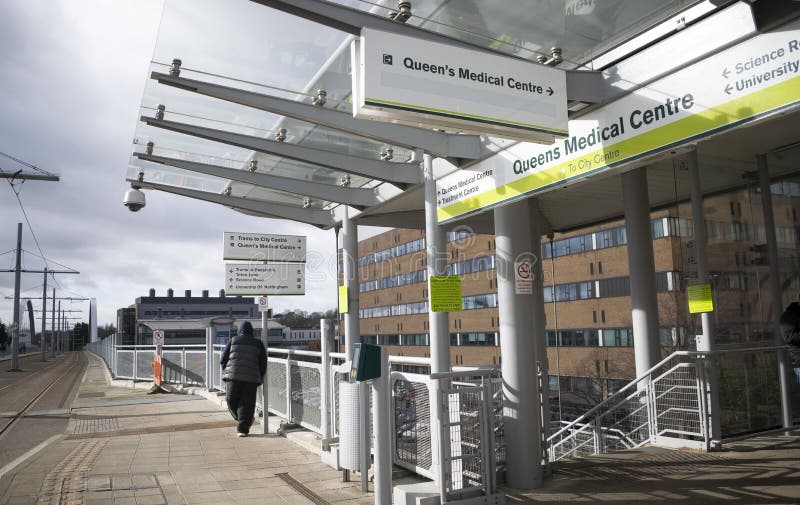 Editorial info: Nottingham, England. 17 February 2020. Queen`s Medical Centre tram stop. Editorial info: Nottingham, England. 17 February 2020. Queen`s Medical Centre tram stop.