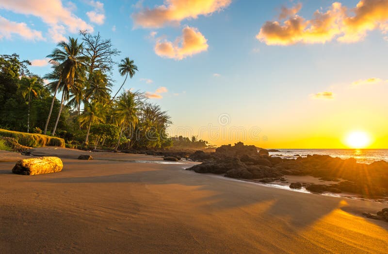 Tramonto esotico nel parco nazionale di Corcovado, Costa Rica fotografia stock Tramonto esotico nel parco nazionale di Corcovado, Costa Rica fotografia stock