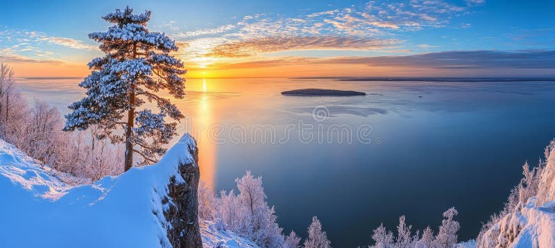Tramonto paesaggistico invernale delle meraviglie su un lago ghiacciato ricoperto di pini e isola royalty illustrazione gratis