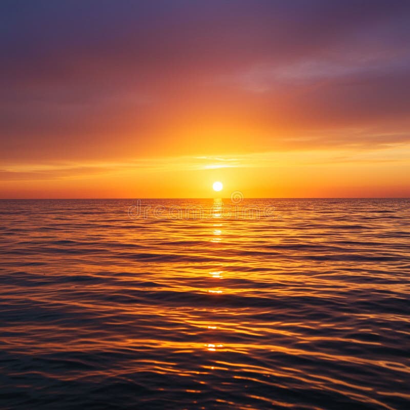 Tramonto su un oceano calmo con il sole in basso all'orizzonte. Il cielo è un gradiente di illustrazione vettoriale