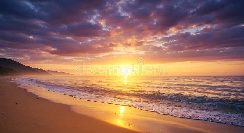 Tramonto su una spiaggia tranquilla con onde che si aggirano dolcemente sulla sabbia dorata. Il illustrazione vettoriale