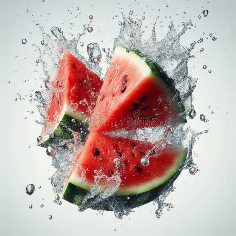 Watermelon slices splash in water on white background. Watermelon slices splash in water on white background
