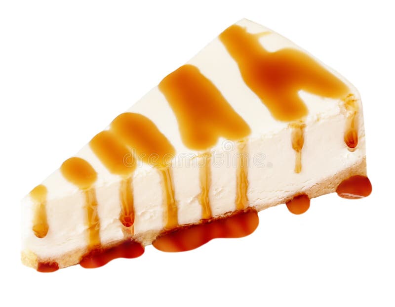 Tranche des Käsekuchens mit der Karamellsoße isoliert auf einem weißen Hintergrund. Stück köstlicher Karamellkuchenabschluß oben stockbilder