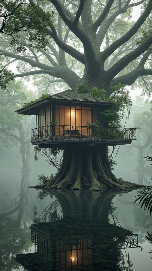 Tranchil Treehouse sanctuary in misty forest stock image