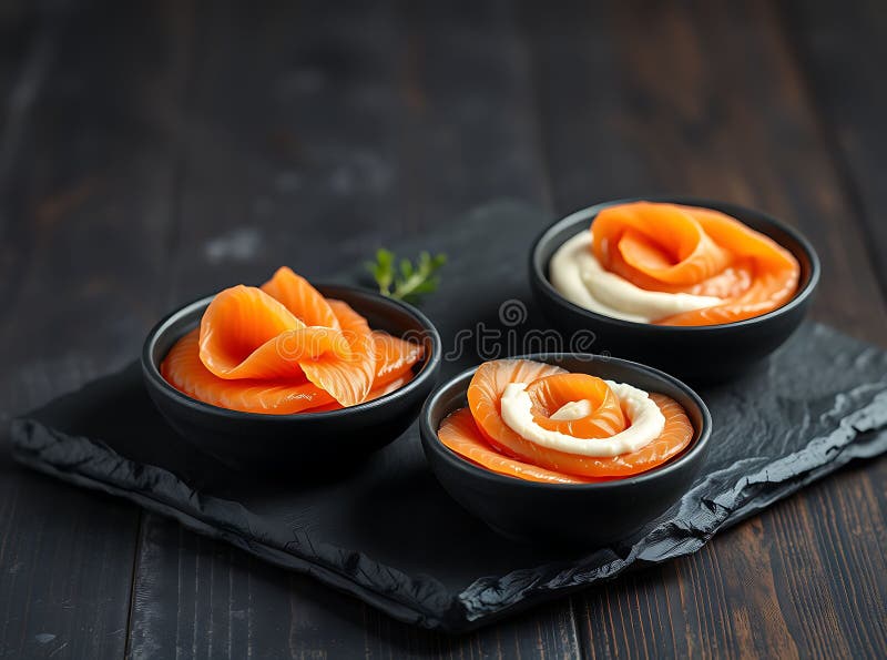 Trandafiri de somon afumat gourmet cu sos cremos în boluri Ai Generat royalty free illustration