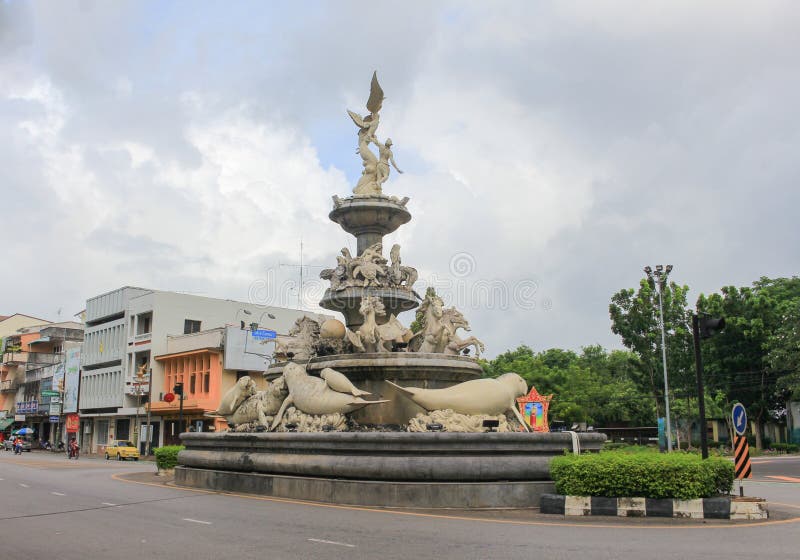 Trang, Thailand - August 20, 2017: Trang dugongs traffic circle the landmark that every tourist