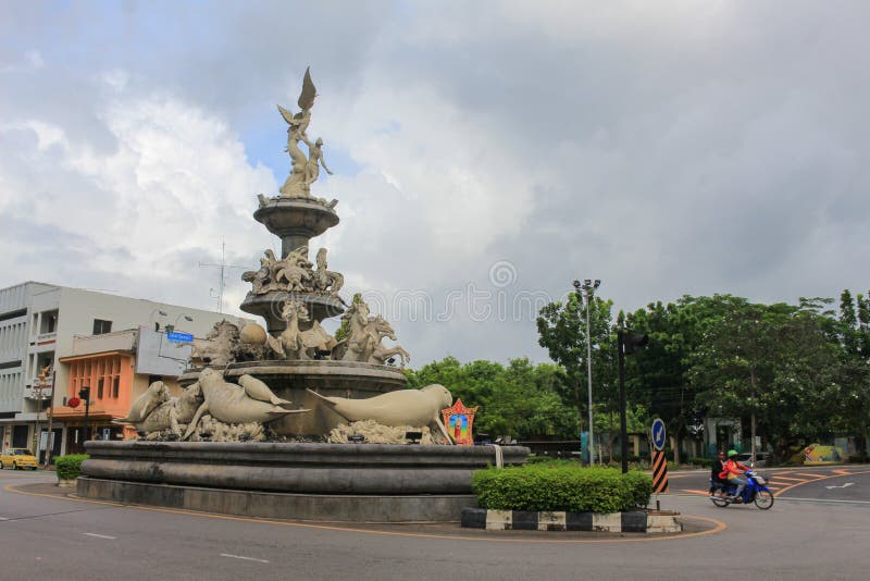 Trang, Thailand - June 15, 2017: Trang dugongs traffic circle the landmark that every tourist